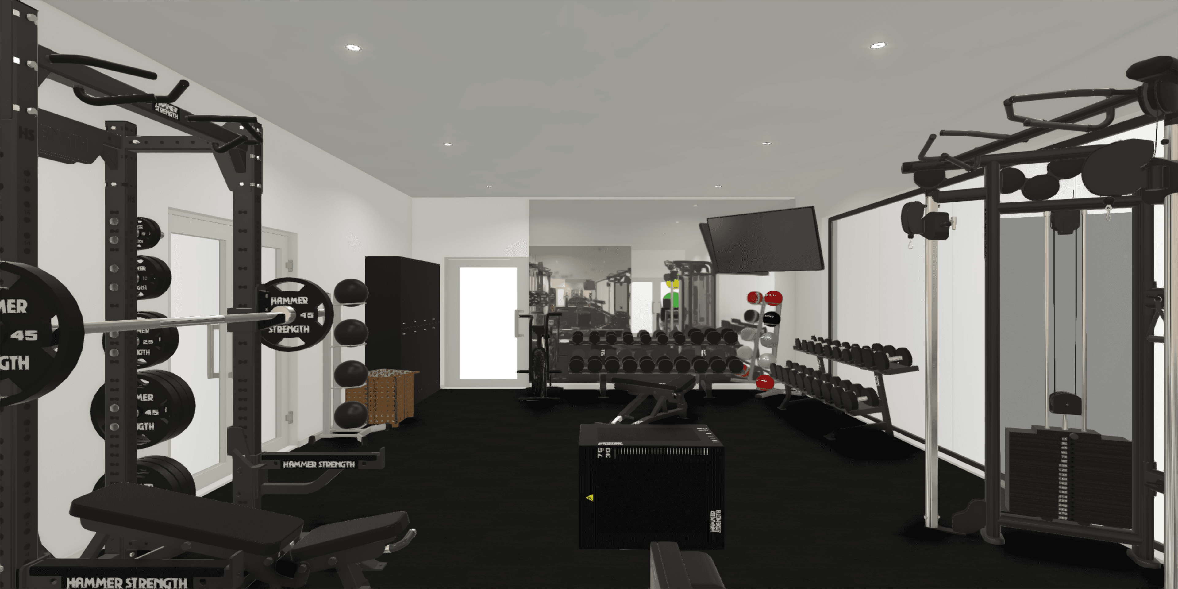 Fitness center rendering showing balanced equipment selection and training zones